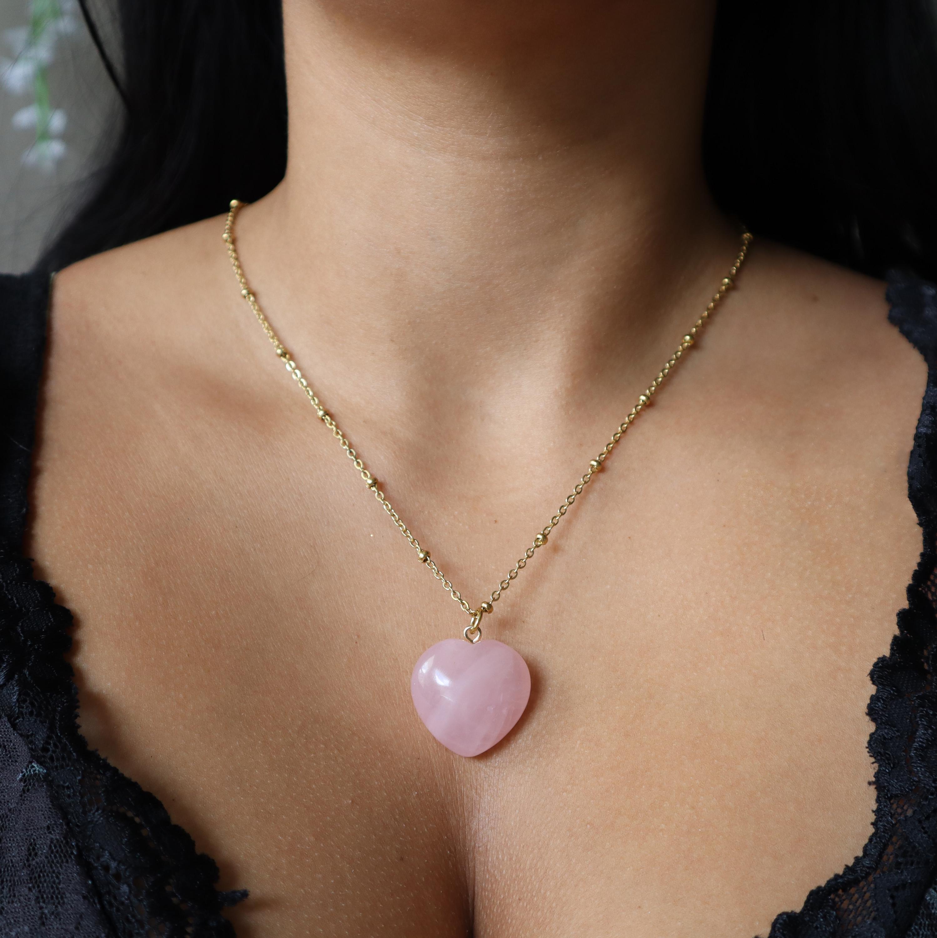 Rose Quartz Heart Necklace, Natural Stone Jewelry, Gemstone