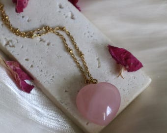 Rose Quartz Heart Necklace, Natural Stone Jewelry, Gemstone