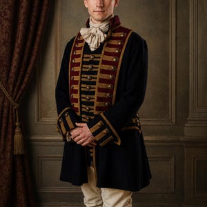 Può includere: Un lungo cappotto blu navy scuro con finiture dorate e bordeaux, dotato di bottoni metallici e colletto alto. Il cappotto è indossato sopra un gilet color crema, una cravatta chiara e calzoni color bianco sporco. Il logo ASWN BROTHERS è visibile.