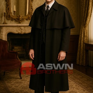 May include: A man in a black overcoat with a cape, suit, and tie. The coat is long and reaches the ankles. The image includes the text "ASWN BROTHERS" in red. The background features a fireplace, mirror, and patterned rug.
