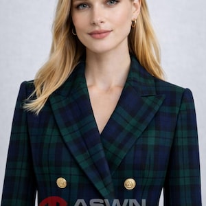 May include: A double-breasted blazer in a green and navy plaid pattern. The blazer features gold-colored buttons and a V-neck design. The ASWN BROTHERS logo is visible in the image.