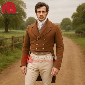 May include: A brown double-breasted jacket with gold buttons, paired with a white shirt and beige pants. The jacket has a tailored fit and a classic design. The image includes the text "ASWN BROTHERS".