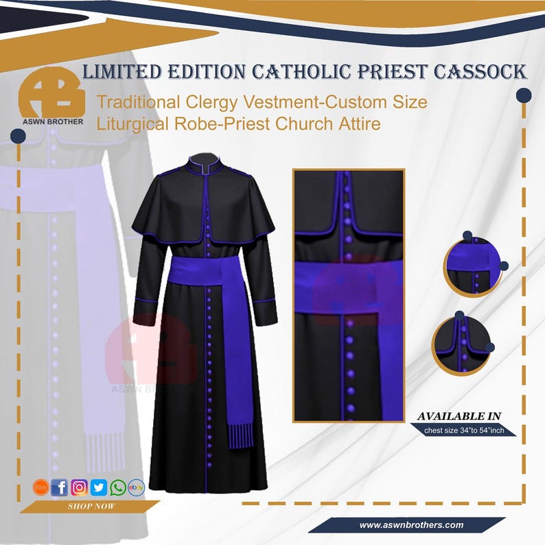 Men's Roman Priest Cassock Robe: Catholic Clergy Costume by ASWN ...