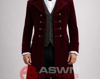 May include: A burgundy velvet frock coat with gold buttons, worn over a gray vest and white shirt. The coat has a classic, tailored design, suitable for formal occasions. The ASWN BROTHERS logo is visible in the top left and bottom center.