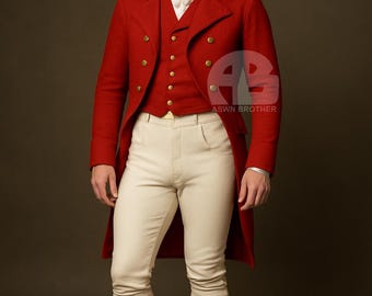 Men's Red Wool Regency Tailcoat: 18th Century Victorian Style