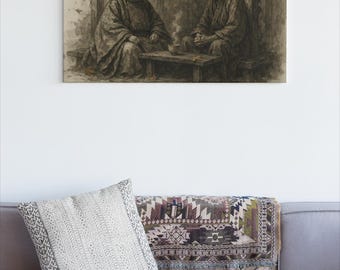 Heian Monk & Nobleman Canvas Print: Sumi-e Ink Art, Japanese Zen Decor