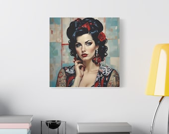 Arte en lienzo de pin-up rockabilly: retrato de mujer tatuada de los años 50