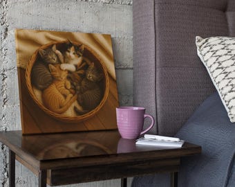 Cozy Kittens Canvas Print: Sleeping Calico Cats in Basket