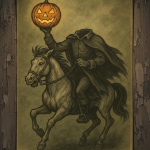 Vintage Headless Horseman Print: Gothic Halloween Jack O&#39; Lantern Art