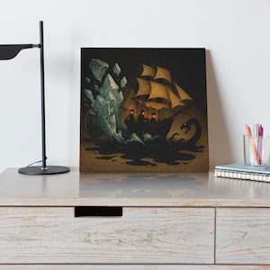 Arte en lienzo de barco pirata surrealista: decoración de fantasía náutica oscura