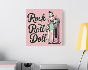 Rockabilly Pin-Up Girl Art Print: 1950s Guitar Jukebox Canvas