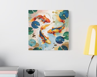 Impressão em tela de carpa koi: arte de parede em aquarela com detalhes dourados