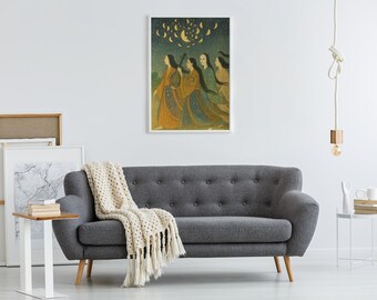 Surreal Japanese Canvas Print: Celestial Courtiers, Shattered Moon