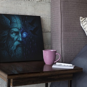 Canvas Print, Fractal Eye of Odin Norse God Portrait in Runes Ravens Cyber-Mythology Fusion, Wall Art, Home Decor, Norse Mythology Gift,