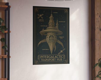 Art Deco Sci-Fi Blueprint Poster: Intergalactic Transport Hub Wall Art