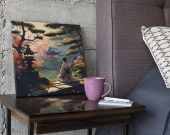 Japanese Garden Canvas Art: Meditative Woman, Autumn Zen Decor