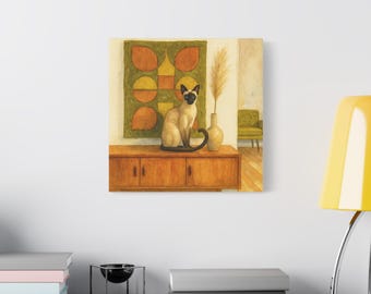 Siamese Cat Canvas Print: Mid-Century Modern Retro Wall Art