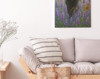 Black Cat in Lavender Field Canvas Art: Whimsical Botanical Print