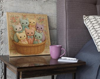 Quilted Cats Canvas Art: Patchwork Kittens in Basket, Pastel Colors