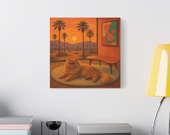 Mid Century Persian Cat Canvas Art: Retro Palm Springs Sunset Print