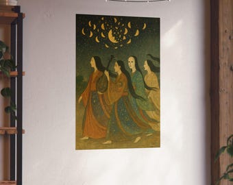 Japanese Surrealism Poster: Celestial Courtiers, Shattered Moon, Noh Mask