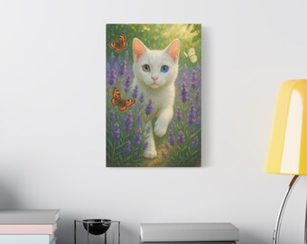 White Cat Canvas Print: Lavender Field, Heterochromia Eyes, Cottagecore Wall Art