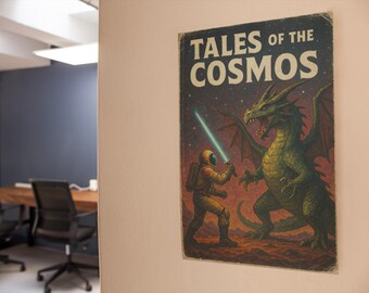Vintage Sci-Fi Poster: Astronaut vs Dragon - Tales of the Cosmos