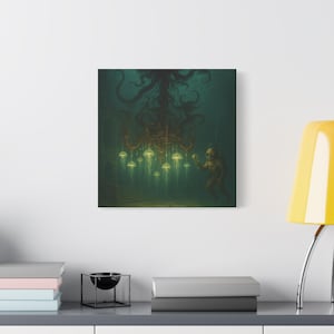 Surreal Kraken Chandelier Canvas Print: Underwater Baroque Wall Art