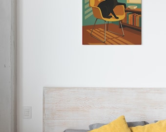 May include: A retro-style print featuring a black cat seated in a yellow chair. The cat is the focal point, set against a teal background with a clock and a window with blinds. A bookshelf and a brown floor complete the scene.
