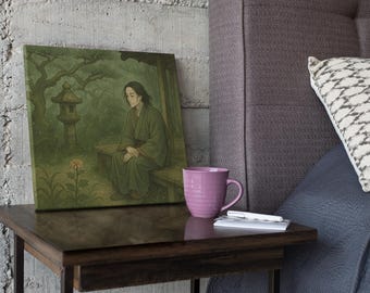 Japanese Zen Garden Canvas Art: Melancholy Monk & Fireflies