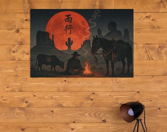 Ronin Cowboy Canvas Art: Samurai Western Fusion, Hiroshige Moon Art