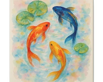 Koi Fish Canvas Print: Gold Foil Accents, Japanese Watercolor Wall Art