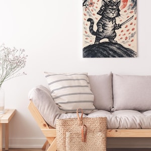 Samurai Cat Canvas Print: Japanese Ink Painting, Warrior Art