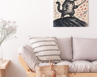 Samurai Cat Canvas Print: Japanese Ink Painting, Warrior Art