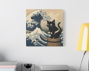 Black Cat Ukiyo-e Canvas Art Print, Japanese Wave