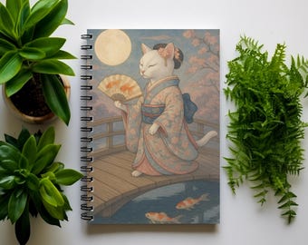 Geisha Cat Spiral Notebook: Moonlit Kimono, Japanese Art