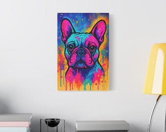 Neon French Bulldog Canvas Print: Watercolor Pop Art Dog Portrait