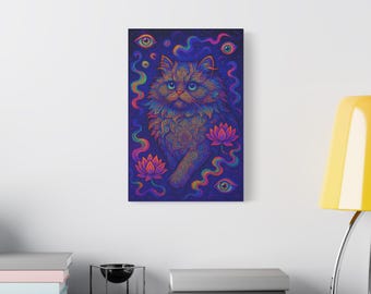 Psychedelic Cat Canvas Art: Trippy Mandala Lotus Design