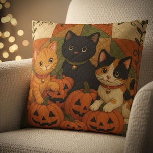 May include: A Halloween cushion featuring three cartoon cats and carved pumpkins. The cats are orange, black, and calico, each wearing a collar with a bell. The background has a patchwork design in autumnal colours.