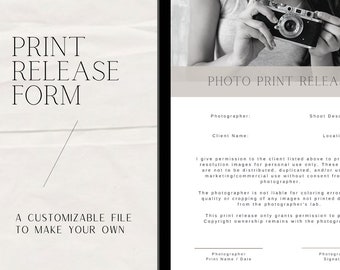 Print Release for Photographers, Customizable Print Release Template, Photographer Branding, Templates, Time Management, Instant Download