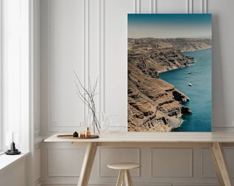Fotografía de los acantilados de Santorini / Impresionante paisaje de una isla griega / Decoración de pared costera / Regalo perfecto para los amantes de los viajes