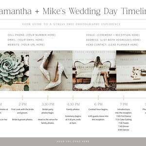 May include: A wedding day timeline with a light brown background and white text. The timeline includes getting ready photos, first look, bridal party photos, family photos, cocktail hour, introductions, and the photographer departing. The timeline is divided into 9 sections, each with a time and a description of the event.