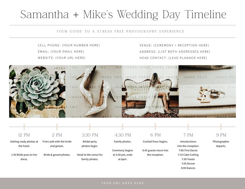 May include: A wedding day timeline with a light brown background and white text. The timeline includes getting ready photos, first look, bridal party photos, family photos, cocktail hour, introductions, and the photographer departing. The timeline is divided into 9 sections, each with a time and a description of the event.