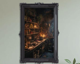 Fantasy Alchemy Art Print: Elixirs and Shadows, Magical Potion Room (Digital Download)
