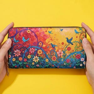 Carteira Boho Floral com Zíper, Feminina em Couro PU, Estampa de Pássaros e Flores Coloridas