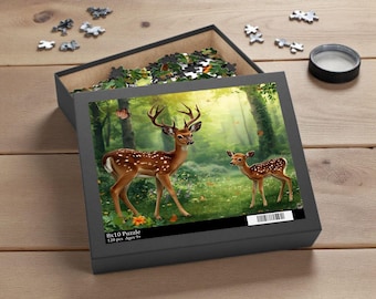 Deer Family-legpuzzel: wilde dieren in het bos, ontspannend natuurspel