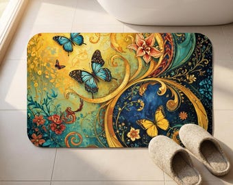 Colorful Butterfly Bath Mat, Floral Boho Bathroom Rug, Non Slip Memory Foam Mat, Blue Gold Bathroom Decor, Gift for Her