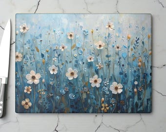 Floral Glass Cutting Board – Tempered Non Slip Kitchen Decor, Food Prep