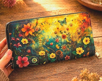 Floral Butterfly PU Leather Zip Around Wallet, Colorful Garden Print Womens Organizer
