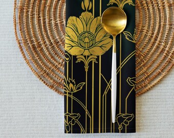 Emerald Green & Gold Cloth Napkins (Set of 4): Art Deco Floral Dinner Linens